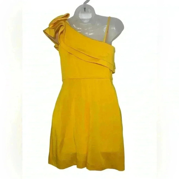 Mac Duggal New 55286 Yellow Ruffle One Shoulder Mini Dress Size 2 - Picture 2 of 6